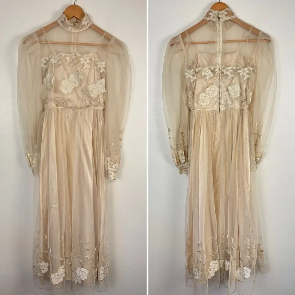 VTG 70s 80s ILGWU Ivory Mesh Lace Applique High Neck Bridal Midi Dress Sz 8